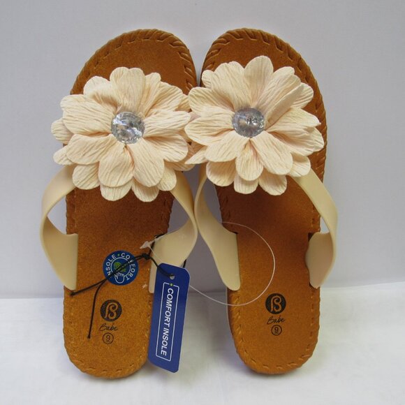 Women's Beige Flower Floral Design Summer Sandals Wedge Slides Various Sizes - Picture 1 of 6